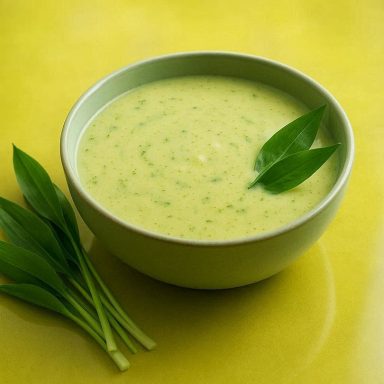 Cremige Kartoffel‑Bärlauch‑Suppe in einer Schale, hellgrün angerichtet, mit frischem Bärlauch.