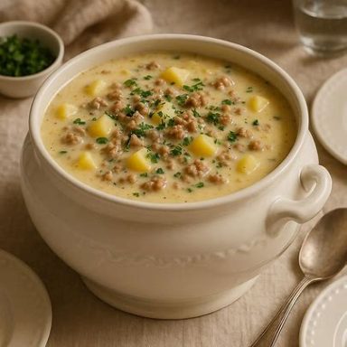 Cremige, herzhafte Kartoffelsuppe mit Hack, serviert in einer Terrine, mit Kräutern garniert – gemütlich, reichhaltig, einladend.