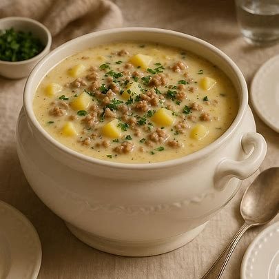 Deftige Kartoffelsuppe mit krümeligem Hackfleisch, Möhren, Lauch und frischer Petersilie.