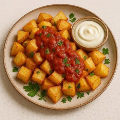 Knusprige spanische Patatas Bravas mit rauchiger Paprika‑Tomatensauce, serviert mit frischen Kräutern und optional veganer Aioli.