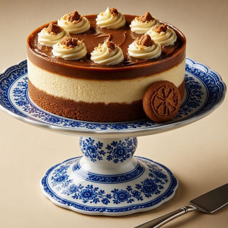 Spekulatius-Käsekuchen auf Teller mit braunem Boden, hellem Quark, dunkelbrauner Creme und Sahne.