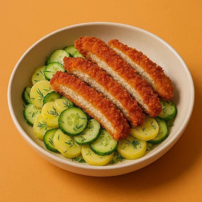 In einer Bowl wird frischer Kartoffel-Gurkensalat mit einem panierten Schnitzel in Streifen geschnitten, serviert.