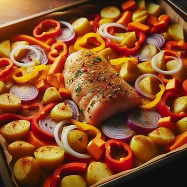 Räuberfleisch vom Blech: klein geschnittenes Hähnchen, Paprika, Zwiebeln, Kartoffeln und Möhren, gewürzt mit Curry und Pizzagewürz.