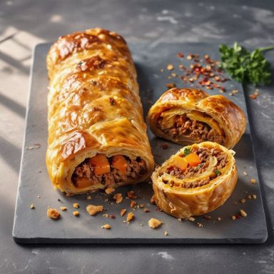 Knuspriger Blätterteig umhüllt eine würzige Kürbis-Hackfleischfüllung – ein herbstliches Wohlfühlgericht mit kräftigem Aroma. 