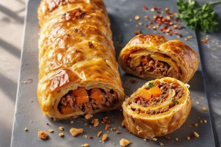 Knuspriger Blätterteig umhüllt eine würzige Kürbis-Hackfleischfüllung – ein herbstliches Wohlfühlgericht mit kräftigem Aroma.