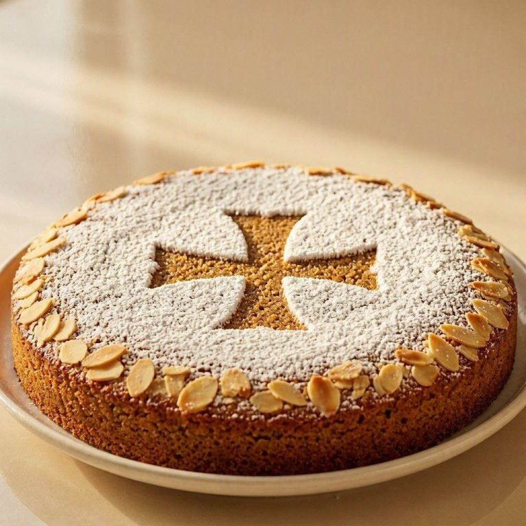 Saftiger spanischer Mandelkuchen mit dicker Puderzuckerschicht und dem eingebrachten Motiv des historischen Jakobskreuzes.