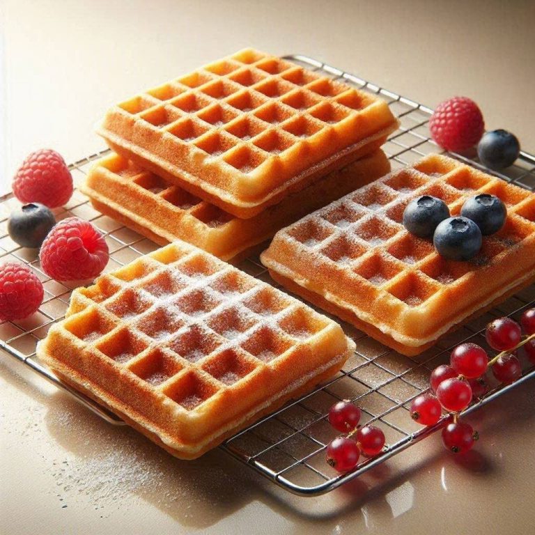 Goldbraun gebackene Schmandwaffeln auf Kuchengitter, bestäubt mit Puderzucker und frischen Beeren.