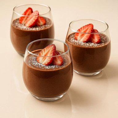 Luftige Schokoladen‑Mousse in Gläsern, getoppt mit frischen Erdbeerscheiben und leichtem Puderzucker – ein cremiges Dessert für Schokofans.