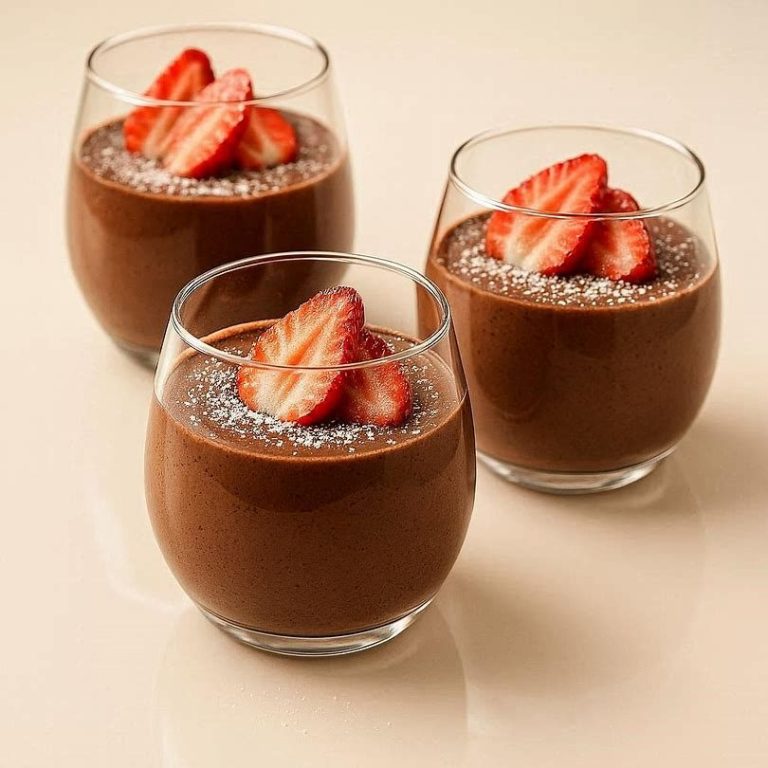 Schokoladen‑Mousse mit Erdbeeren Luftige Schokoladen‑Mousse in Gläsern, getoppt mit frischen Erdbeerscheiben und leichtem Puderzucker – ein cremiges Dessert für Schokofans.