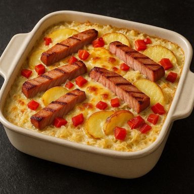 Sauerkraut-Auflauf mit Sahnesauce, Kartoffelscheiben, Paprika, Kasslerstreifen und goldgelbem Käse in weißer Form, herzhaft überbacken.