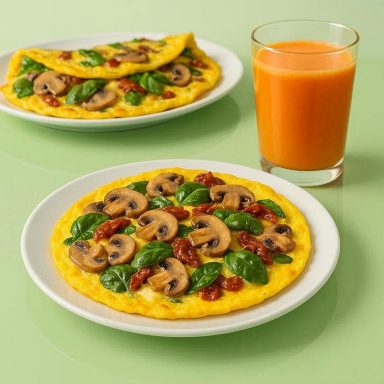 Salty & Funky Veggie-Power Omelett Buntes Gemüse-Omelett auf einem Teller, daneben ein Glas frisch gepresster Apfel-Karotten-Saft.