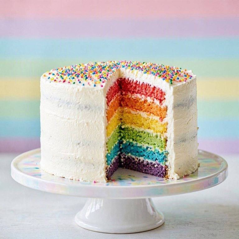 Bunte Regenbogen-Torte Bunte Regenbogen-Torte mit weißer Creme und bunten Streuseln, ein Stück ist herausgeschnitten und zeigt bunte Teigschichten.