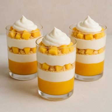 Mango‑Vanille‑Glück Frisches Mango‑Vanille‑Dessert im Glas, geschichtet mit Mango, Quarkcreme und Kekscrunch. Einfaches, buntes Kinderrezept zum Selbermachen.
