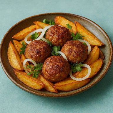 Goldbraune Frikadellen mit knusprigen Bratkartoffeln, serviert mit Zwiebeln und frischen Kräutern auf einem rustikalen Teller.