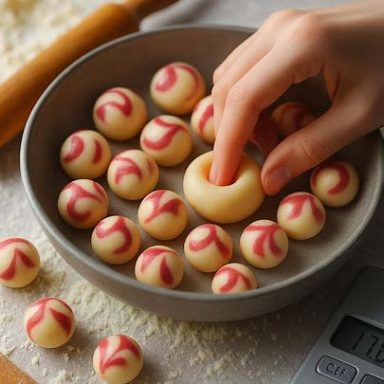 Kirsch-Cheesecake-Cookies In einer Schüssel werden Kirsch-Cheesecake-Cookies gerollt und mit dem Finger eine leichte Mulde hineingedrückt.