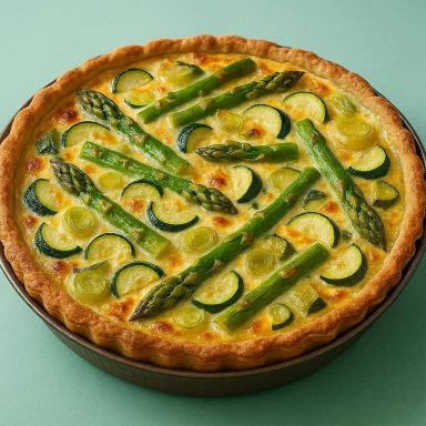 Goldbraune Gemüsequiche mit grünem Spargel, Zucchini und Lauch, cremiger Füllung und Gruyère, frisch aus dem Ofen serviert.
