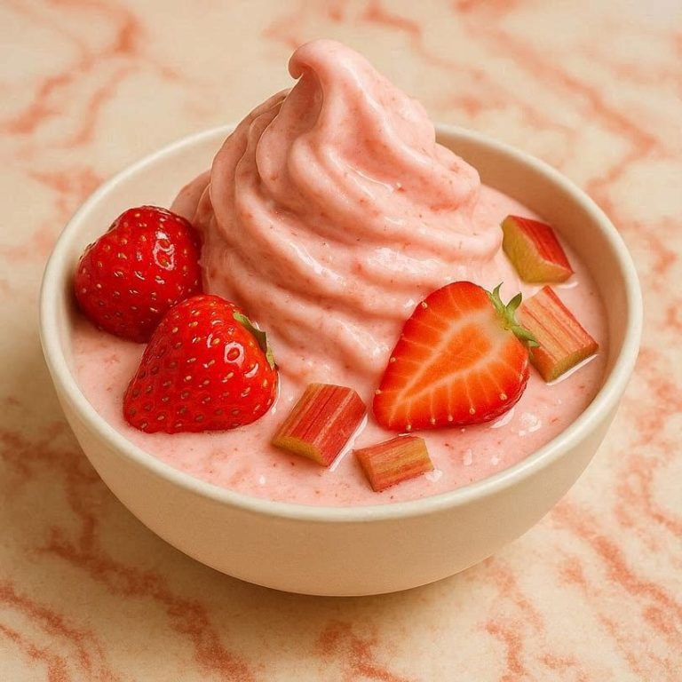 Rhabarber-Berry FroYo Rhabarber-Berry FroYo in einer Schale - garniert mit frischen Erdbeeren und Rhabarber.
