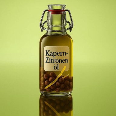 Goldgelbes Zitronen-Kapern-Öl in Glasflasche, mit gerösteten Kapern und frischer Zitronenzeste, warm ausgeleuchtet und aromatisch.