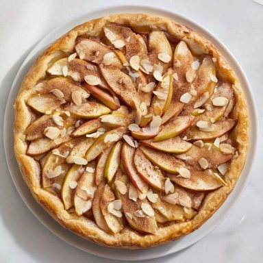 Saftige Zimt-Apfel-Torta mit dekorativen Apfelspalten und Mandeln, goldbraun gebacken in einer runden Springform.