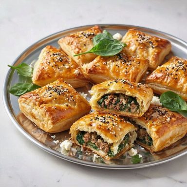 Knusprige Spinat‑Feta‑Blätterteigtaschen auf einer silbernen Platte, frisch gebacken und appetitlich angerichtet.