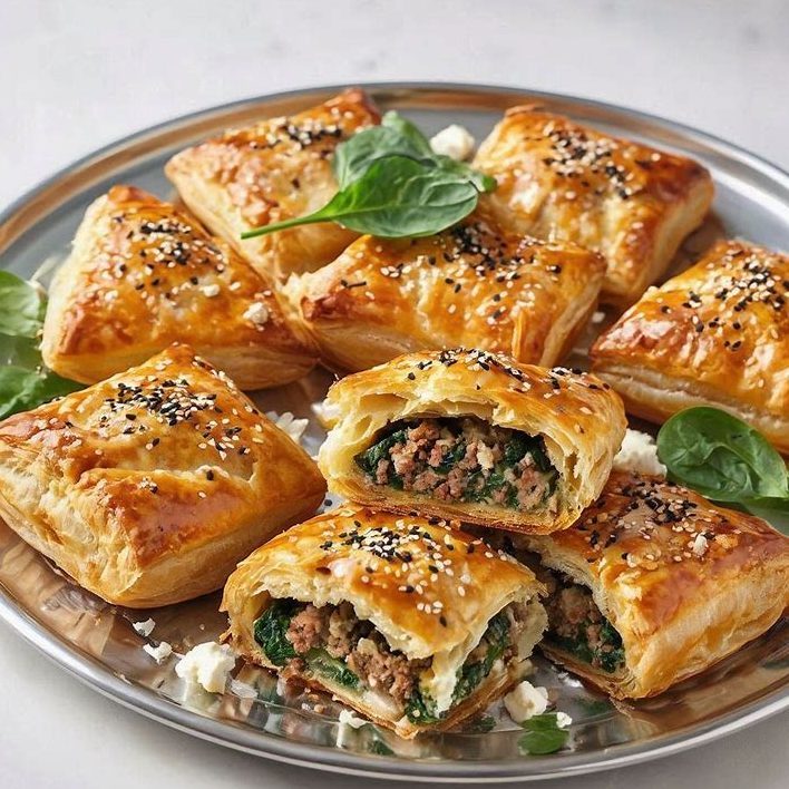 Knusprige Spinat-Feta-Blätterteigtaschen mit Hackfleisch und Sesam auf einem Backblech.