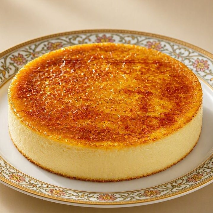 Crème-brûlée-Käsekuchen mit knusprig karamellisierter Zuckerkruste auf einem Kuchengitter.