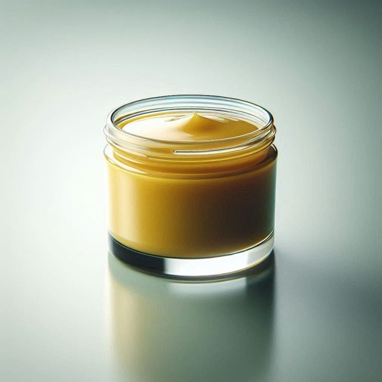 Senf-Honig-Marinade in einem kleinen Glas, cremig angerührt, mit frischen Kräutern und Löffel daneben, bereit zum Marinieren.  