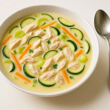 Cremiger belgischer Geflügel‑Waterzooi mit Gemüse in heller Sauce, serviert als traditioneller Eintopf der belgischen Küche.  