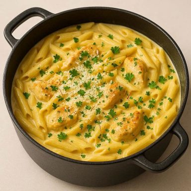 One‑Pot Zitronen‑Hähnchen‑Pasta Cremige One‑Pot‑Pasta mit Zitronen‑Hähnchen und goldener Kräuter‑Käse‑Kruste, serviert im Topf mit frischer Petersilie.