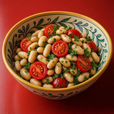 Toskanischer Bohnensalat mit weißen Bohnen, roten Kirschtomaten und frischen Kräutern dekorativ in einer Schüssel.