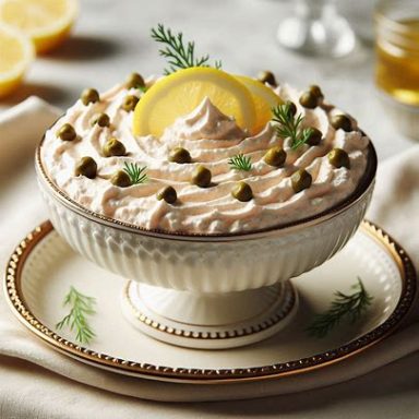 Forellenmousse in einer Schale, dekoriert mit Zitronenscheiben, Kapern, Dill. 