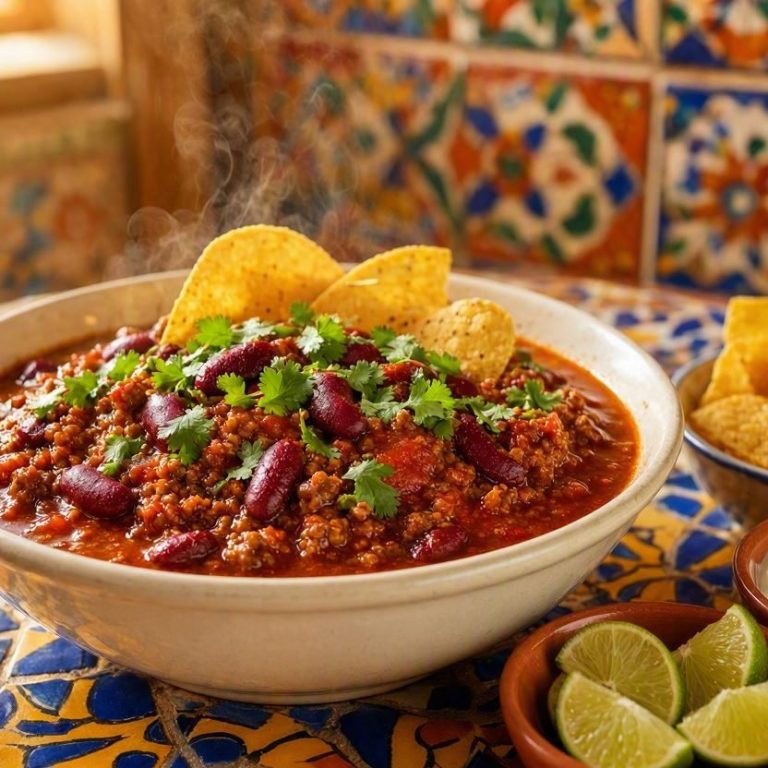 Ungarischer StFeuriges Chili con Carne nach Tex-Mex-Artefanie-Hackbraten in feiner Zwiebel-Paprika-Soße Dampfende Schüssel mit feurigem Chili con Carne, garniert mit frischem Koriander und Tortilla-Chips