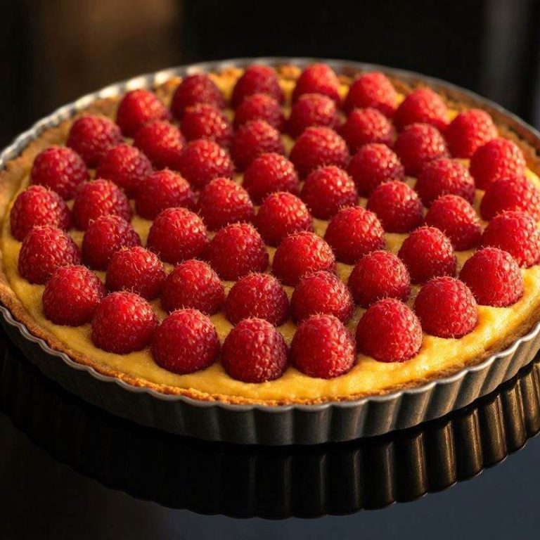 Knusprige Himbeer-Tarte mit goldgelber Mandelcreme und dicht belegten, frischen Himbeeren in einer Tarteform.