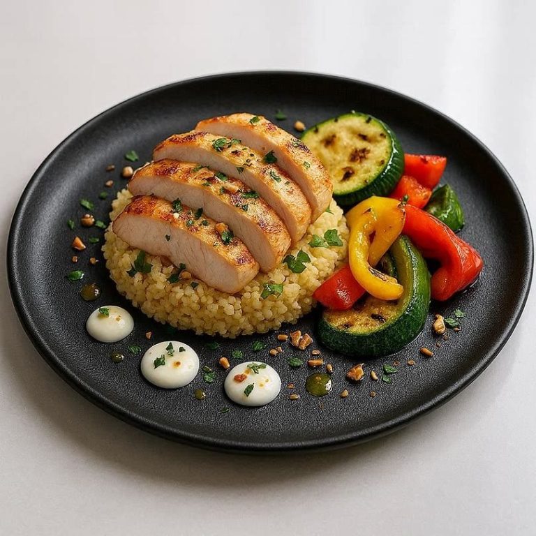 Glasiertes Apfel‑Curry‑Hähnchen mit Couscous & Grillgemüse Glasiertes Apfel‑Curry‑Hähnchen mit warmem Couscous, buntem Grillgemüse & frischem Zitronen‑Joghurt, harmonisch angerichtet auf einem Teller