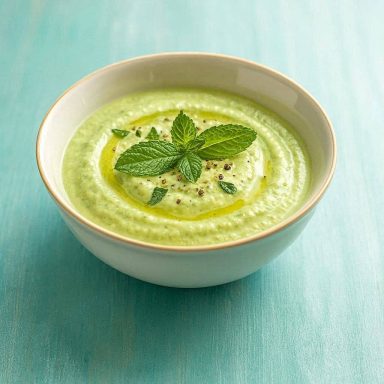 Skyr-Minz-Dip Cremiger Skyr-Minz-Dip mit frischem Dill und Knoblauch, angerichtet in einer kleinen Schale mit Minzblättern als Deko.