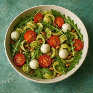 Frischer Pasta-Salat mit Pesto Genovese, Rucola, Cherrytomaten, Mini-Mozzarella und gerösteten Pinienkernen in einer großen Schüssel.