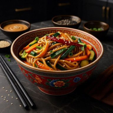 Asia-Erdnuss-Pasta mit Crunch-Gemüse in einer chinesischen Schale, serviert mit Stäbchen.