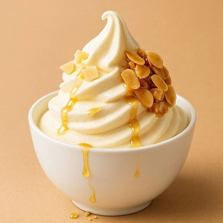 Bienenstich FroYo Cremiger Frozen Yogurt mit knusprigem Mandel‑Marzipan‑Crunch im Bienenstich‑Style, serviert als sommerliches Dessert im Becher.