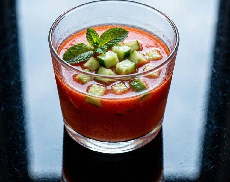 Wassermelonen-Gazpacho Erfrischende rote Wassermelonen-Gazpacho in einem Glas, garniert mit feinen Gurkenwürfeln und frischen Minzblättern.