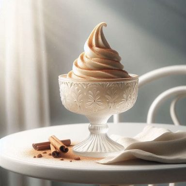 Cremiger Zimt-Frozen-Yogurt mit gerösteten Nüssen und Spekulatius in einer Glasschale, leicht angetaut und mit Zimt bestäubt serviert.