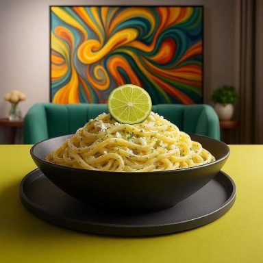 Pasta in cremiger Limetten‑Frischkäse‑Sauce, serviert in einer schwarzen Schale und mit einer Limettenscheibe garniert. 