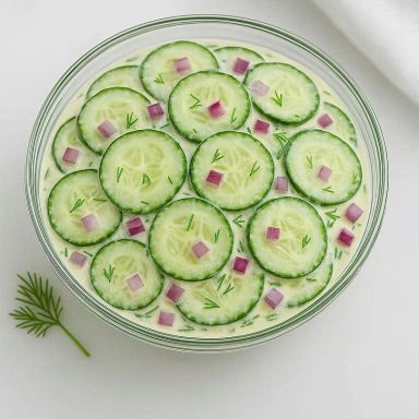 Gurkensalat mit Dill in einer Glasschale, verfeinert mit Schmand und roten Zwiebelwürfeln, frisch angerichtet und servierbereit.