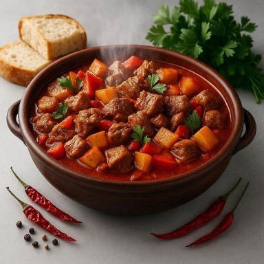 Rustikales Schaschlik‑Gulasch aus dem Ofen mit zarten Fleischstücken, würziger Sauce und einfaches Schritt‑für‑Schritt‑Zubereitungs – Rezept