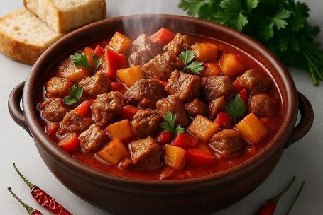 Rustikales Schaschlik‑Gulasch aus dem Ofen mit zarten Fleischstücken, würziger Sauce und einfaches Schritt‑für‑Schritt‑Zubereitungs – Rezept