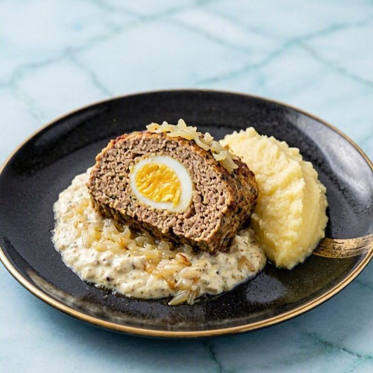 Ungarischer Stefanie-Hackbraten in feiner Zwiebel-Paprika-Soße Anschnitt eines saftigen Stefanie-Hackbratens mit Eierfüllung auf cremiger Zwiebel-Schmand-Soße mit Kartoffelpüree.