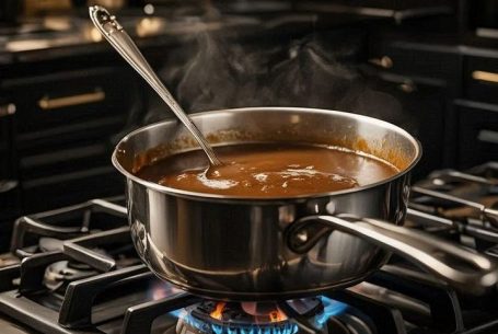 Perfekte Bratensauce Perfekte dunkelbraune Bratensauce die auf einem Gasherd gekocht wird.