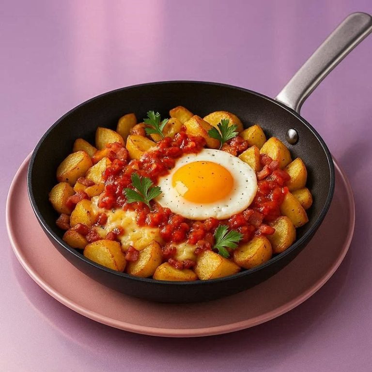Herzhafte Kartoffelpfanne mit Speck, Ei, Käse und Arrabbiata Deluxe Marinade in einer großen Pfanne, frisch und aromatisch angerichtet.