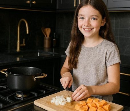 Süßkartoffel-Karotten-Suppe 12‑jähriges Mädchen schneidet Zwiebeln und Süßkartoffeln in einer Küche am Herd. Vorbereitung für eine Süßkartoffel‑Karotten-Suppe.