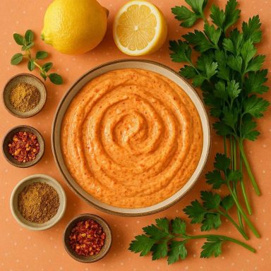 Cremige Harissa‑Joghurt‑Marinade in einer Schüssel, umgeben von Zitronen, Kräutern und Gewürzen – perfekt für Fleisch, Fisch oder Gemüse.
