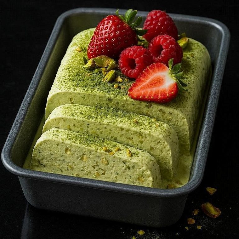 Matcha‑Semifreddo Cremiges Matcha‑Semifreddo in Scheiben, bestreut mit Matcha, Pistazien & frischen Beeren, serviert in einer Kastenform als eiskaltes Dessert